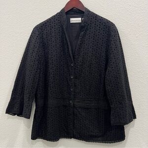 VINTAGE ALFRED DUNNER BLACK EYELET JACKET‎ WITH CROCHET TRIM, 3/4 SLEEVE SIZE 14